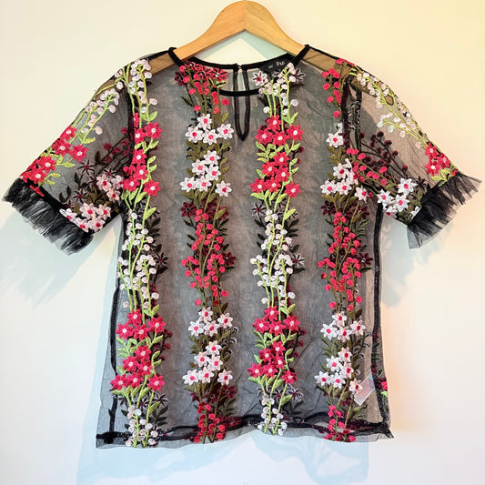 F&F Size 2 Black Sheer Floral Embroidered Blouse