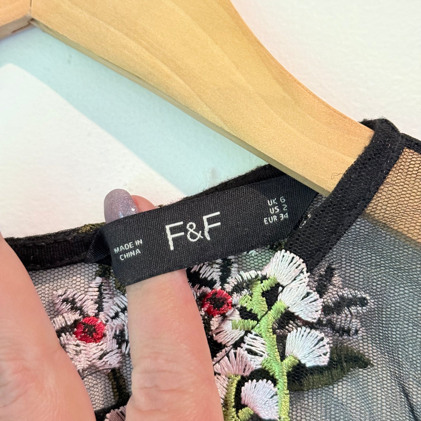 F&F Size 2 Black Sheer Floral Embroidered Blouse