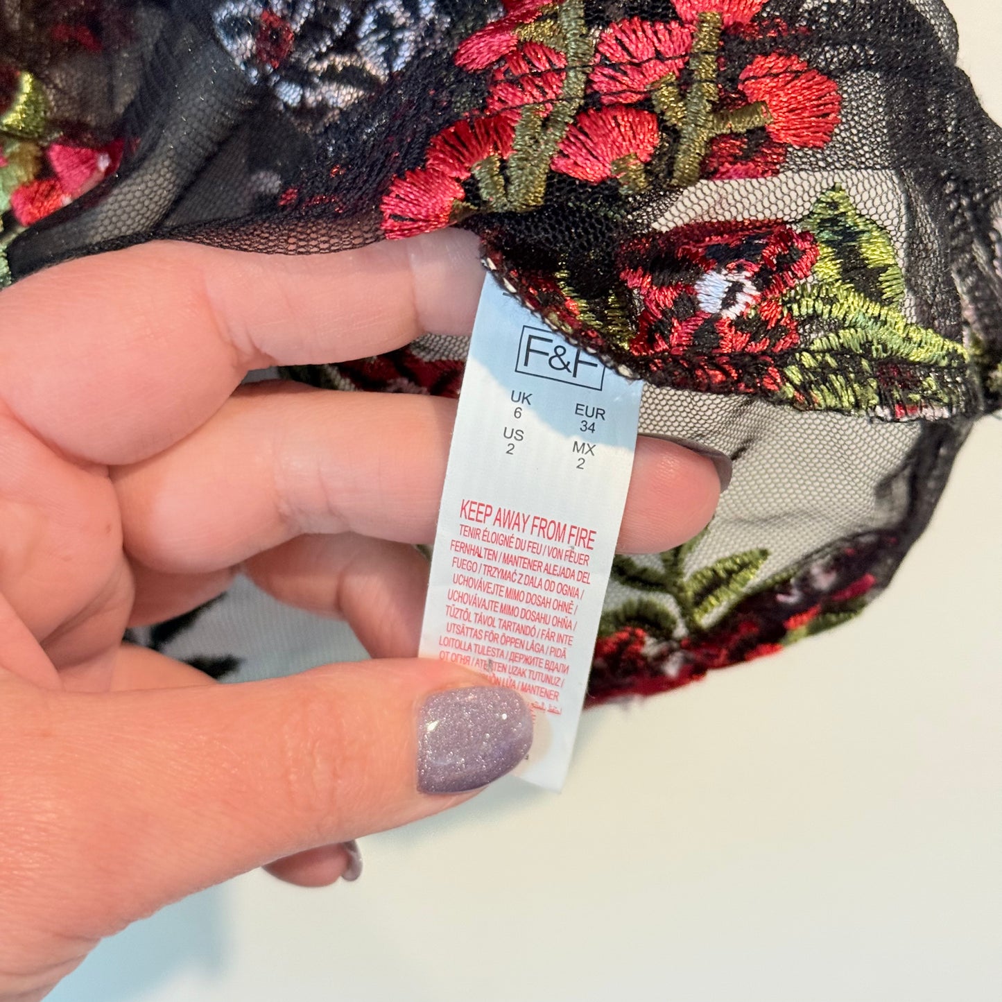 F&F Size 2 Black Sheer Floral Embroidered Blouse