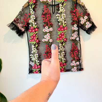 F&F Size 2 Black Sheer Floral Embroidered Blouse