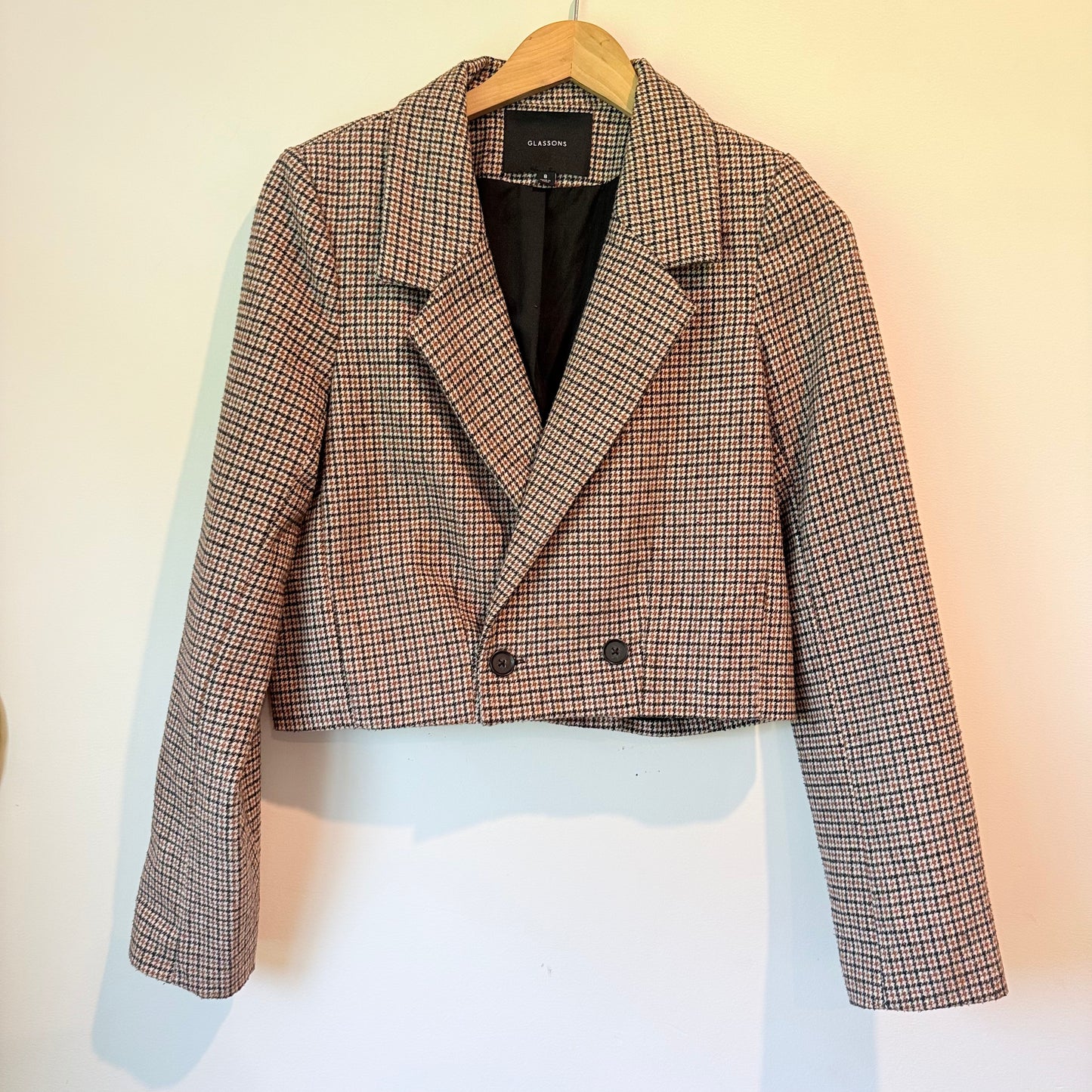 Glassons Size 8 Cropped Double-Breasted Plaid Blazer