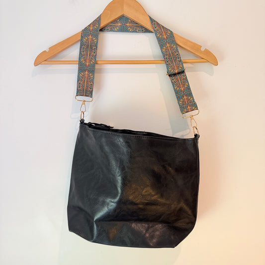 Black Faux Leather Shoulder Bag with Pattern Strap