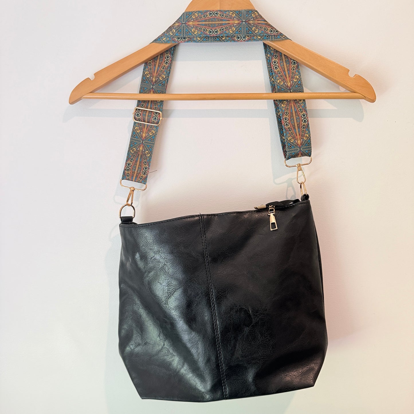 Black Faux Leather Shoulder Bag with Pattern Strap