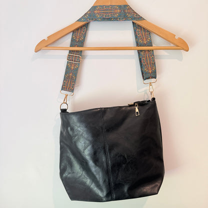 Black Faux Leather Shoulder Bag with Pattern Strap