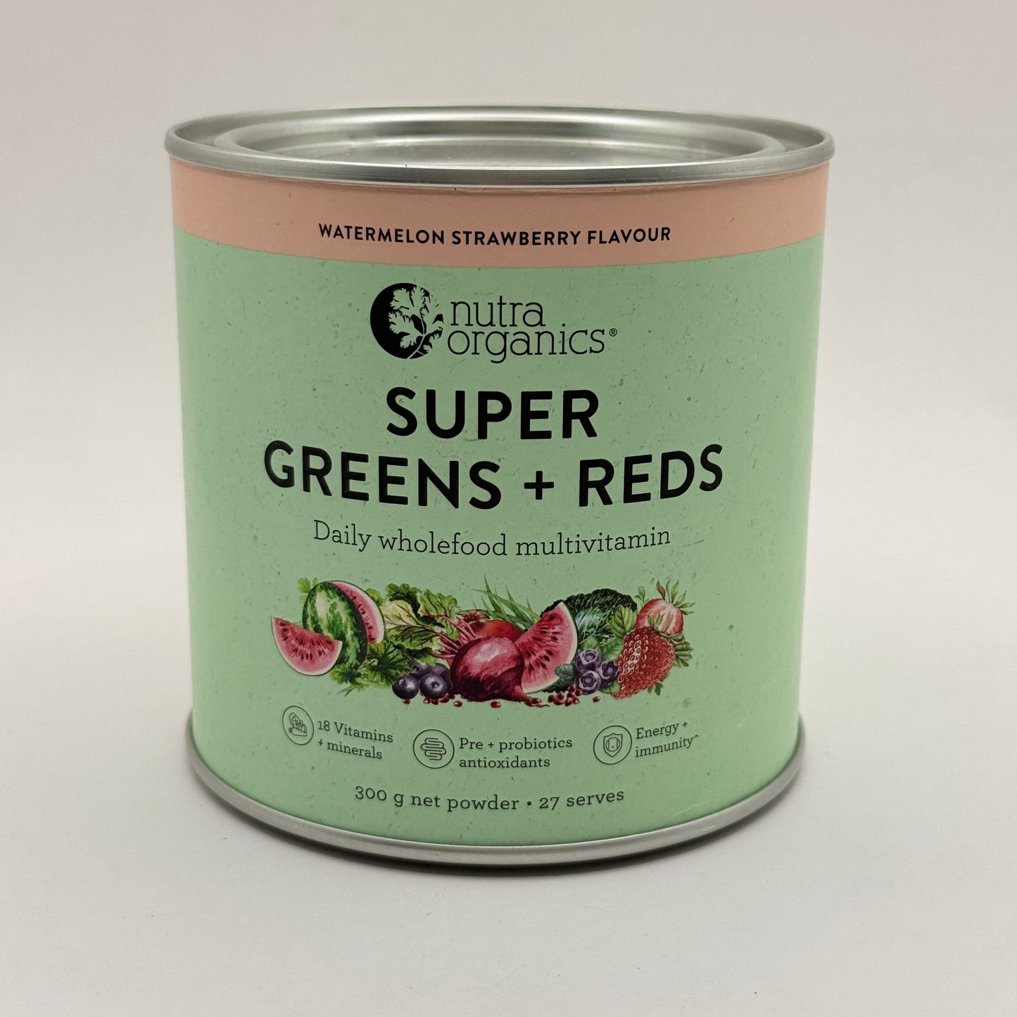 Nutra Organics Super Greens + Reds – 300g Watermelon Strawberry