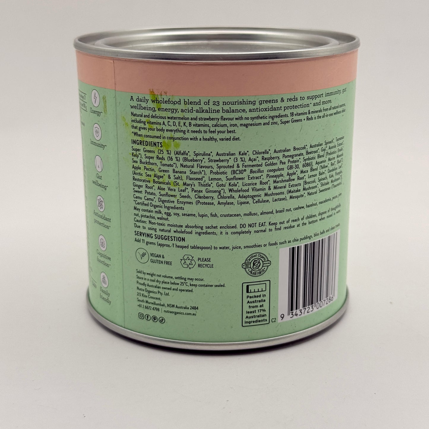 Nutra Organics Super Greens + Reds – 300g Watermelon Strawberry