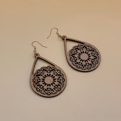 Wooden Mandala Drop Earrings Lightweight Boho Statement Earrings