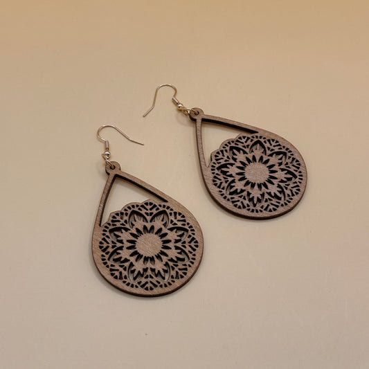 Wooden Mandala Drop Earrings Lightweight Boho Statement Earrings