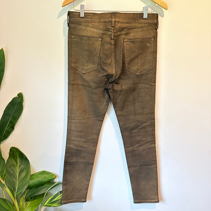 Rag & Bone High-Rise Ankle Skinny Jeans Gold Metal Metallic Denim Size 30