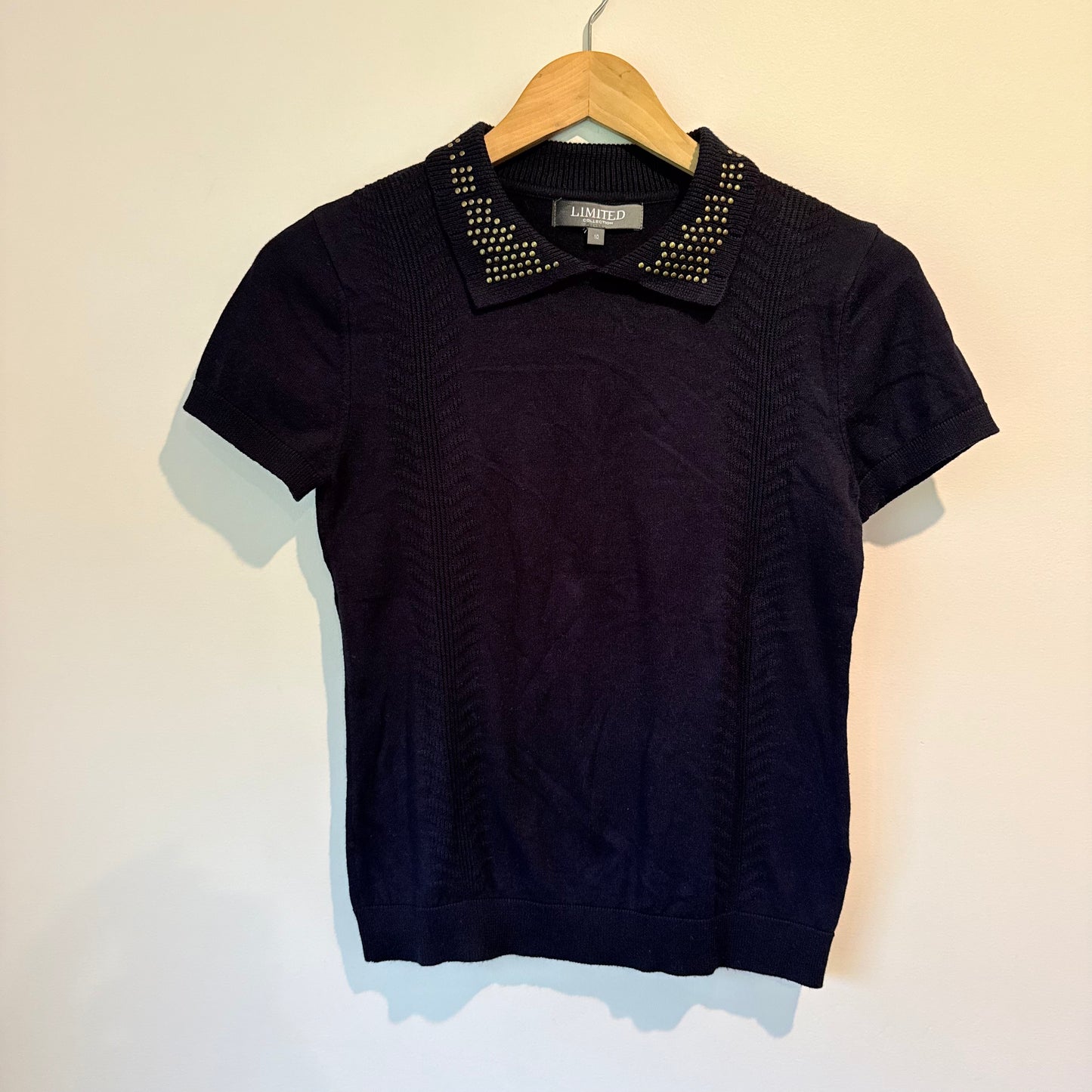Limited Collection Studded Collar Knit Polo Top Navy Blue Size 10