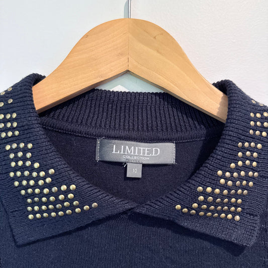 Limited Collection Studded Collar Knit Polo Top Navy Blue Size 10
