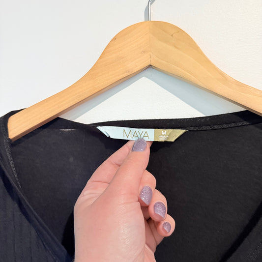 MAYA Black Pintuck Henley Top Tunic V-Neck Size M