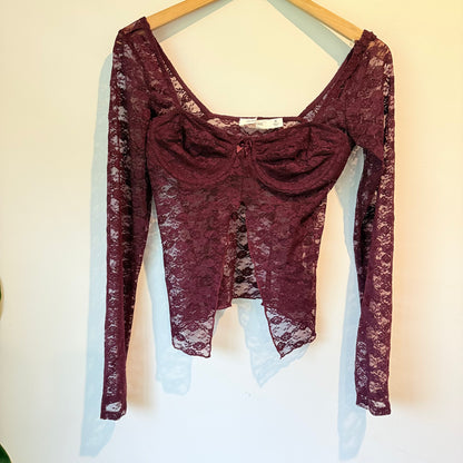 Glassons Size M Maroon Lace Long-Sleeve Lace Top