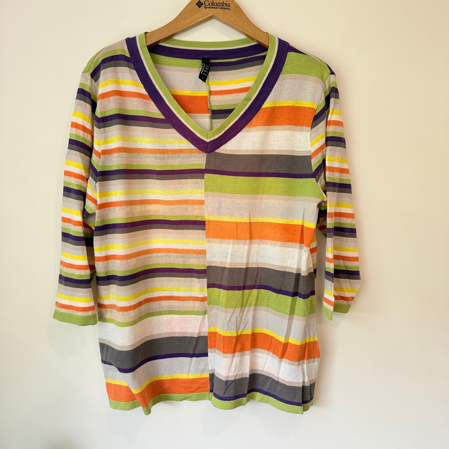 Visage Size L Multicolor Striped V-Neck T-Shirt with 3/4 Sleeves