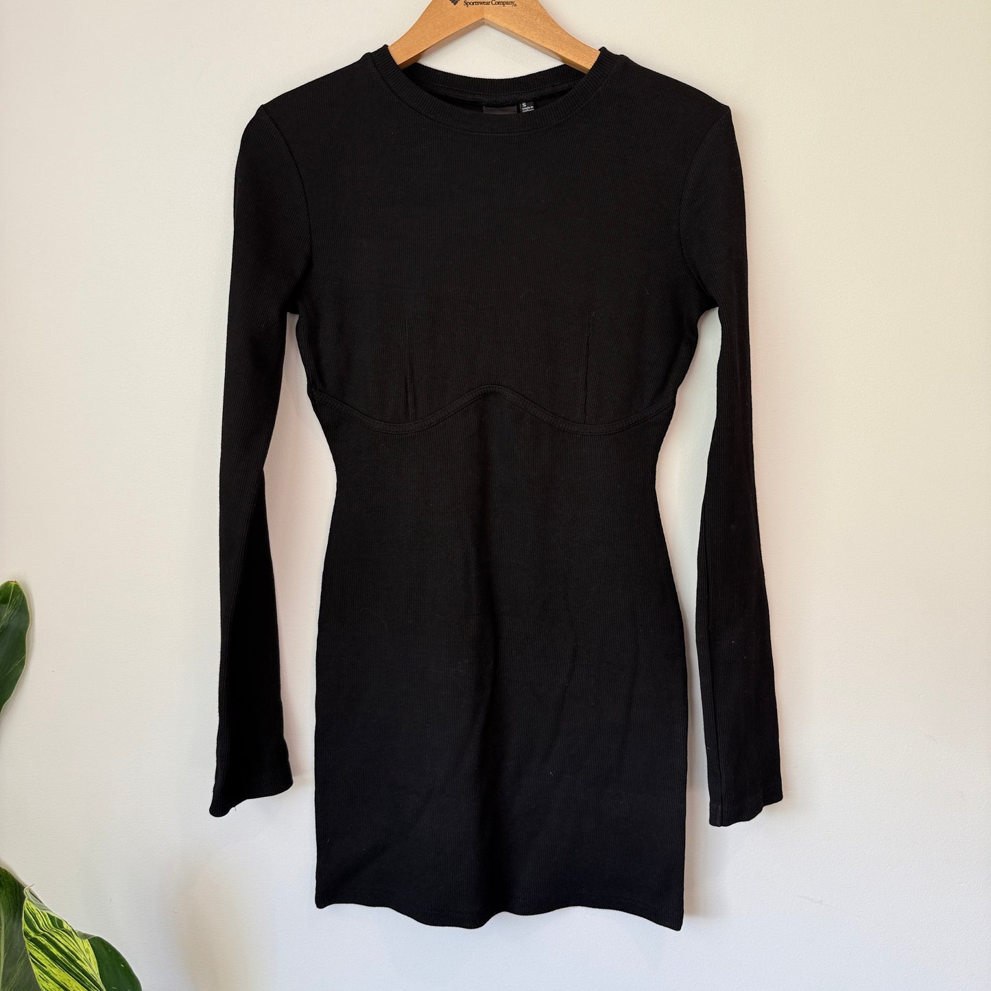 Ourhour Size S Black Long-Sleeved Ribbed Knit Mini Bodycon Dress