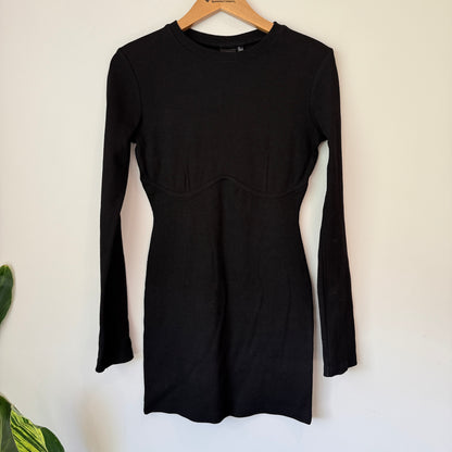 Ourhour Size S Black Long-Sleeved Ribbed Knit Mini Bodycon Dress