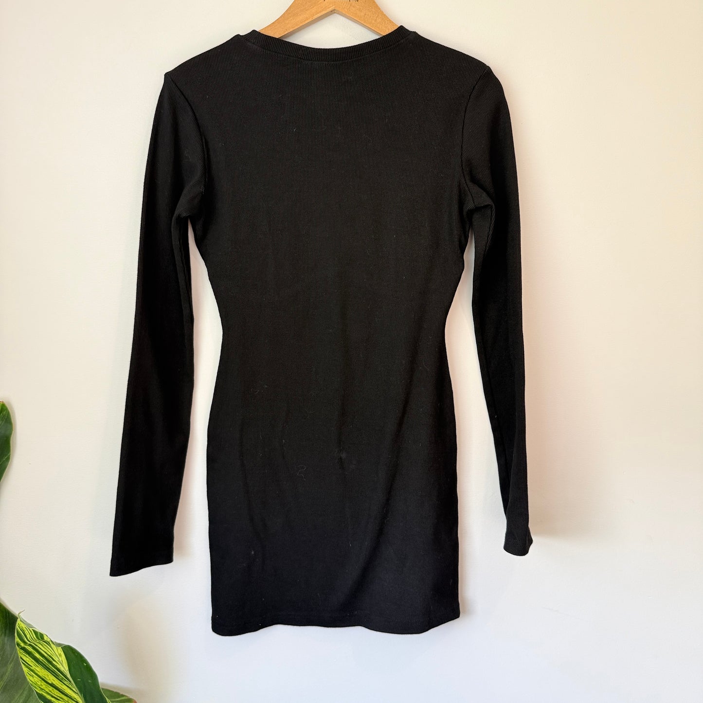 Ourhour Size S Black Long-Sleeved Ribbed Knit Mini Bodycon Dress