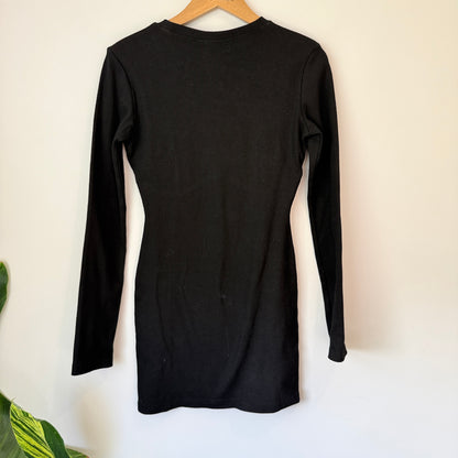 Ourhour Size S Black Long-Sleeved Ribbed Knit Mini Bodycon Dress