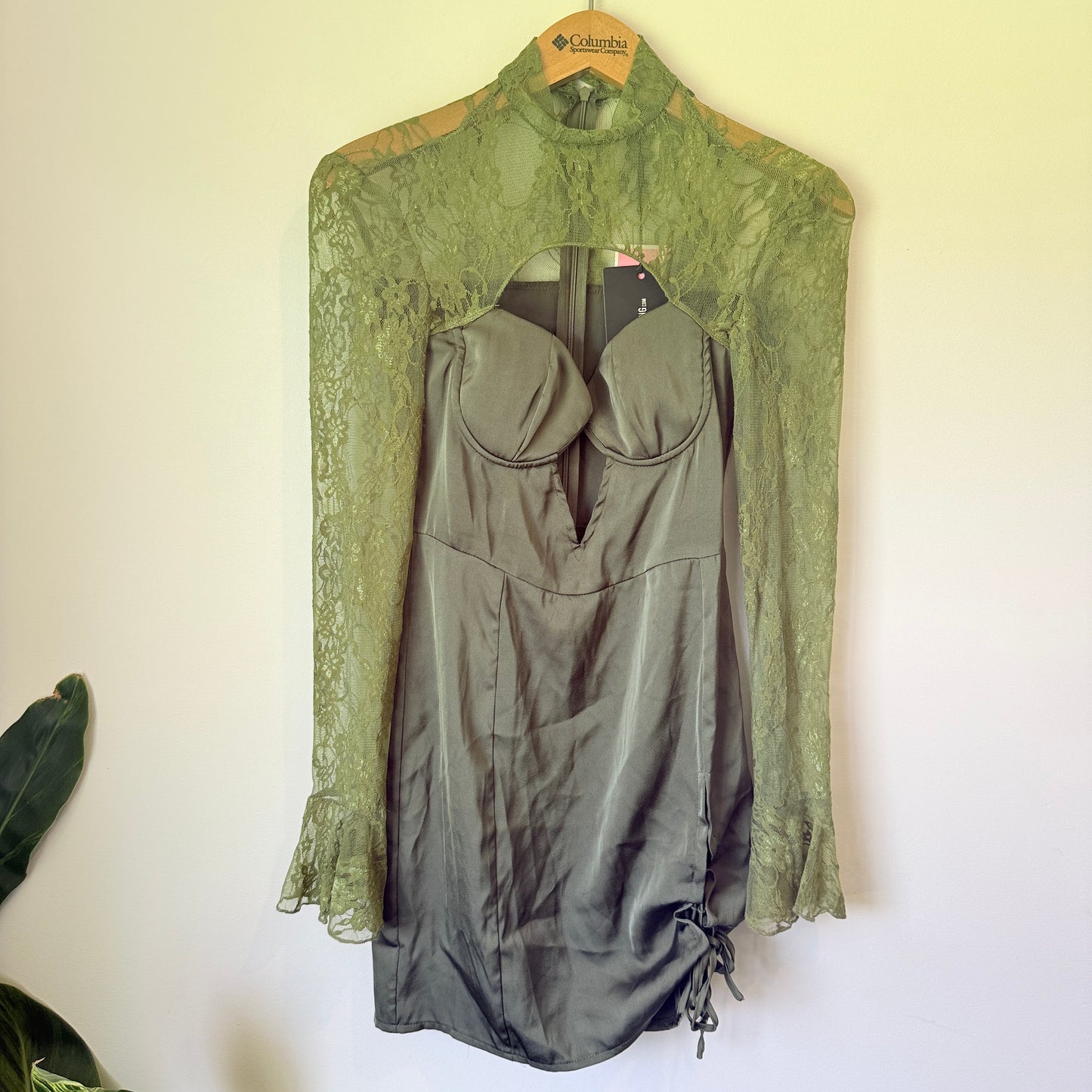 PrettyLittleThing Olive Green Satin & Lace Bodycon Dress - Size 4