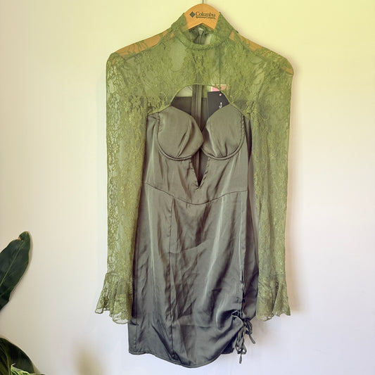 PrettyLittleThing Olive Green Satin & Lace Bodycon Dress - Size 4