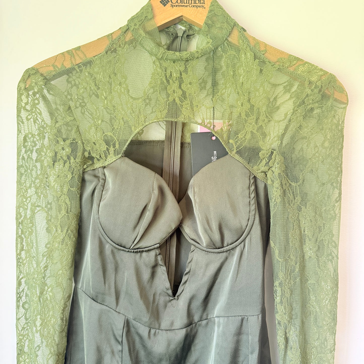 PrettyLittleThing Olive Green Satin & Lace Bodycon Dress - Size 4