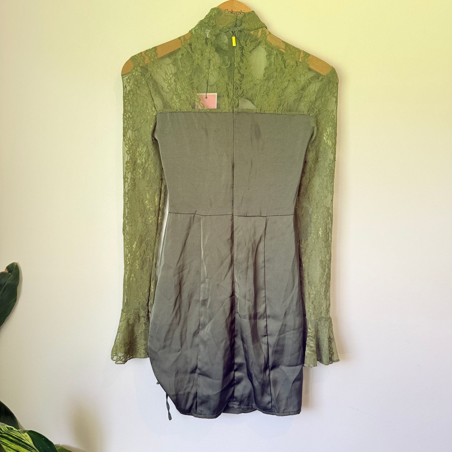 PrettyLittleThing Olive Green Satin & Lace Bodycon Dress - Size 4