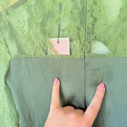 PrettyLittleThing Olive Green Satin & Lace Bodycon Dress - Size 4