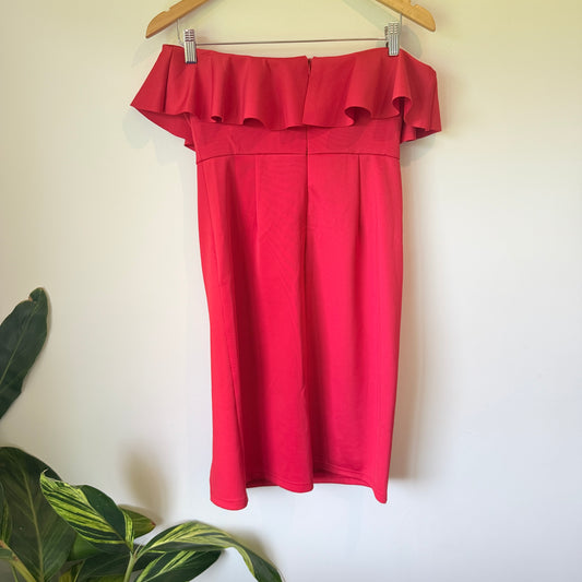 Showpo Red Pretty Vibes Off-Shoulder Ruffle Dress - Size 12