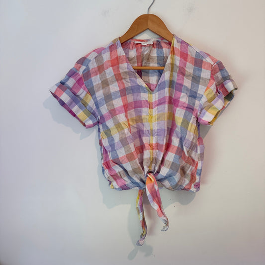 Linen Charter Club Luxury Size PM | U/Arm to U/Arm 47cm Tie-Front Plaid Short-Sleeve Top