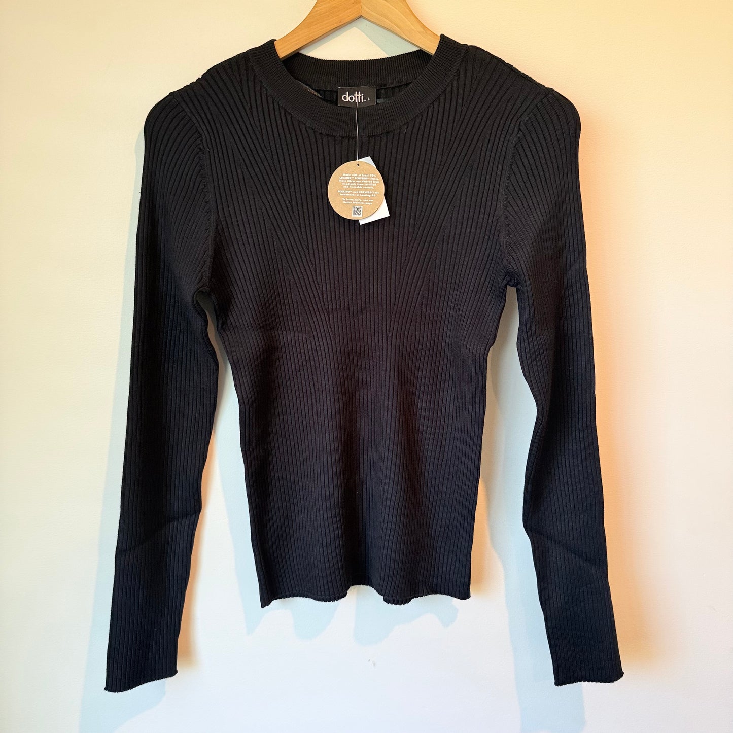 Dotti Ribbed Viscose Knit Long Sleeve Top Black