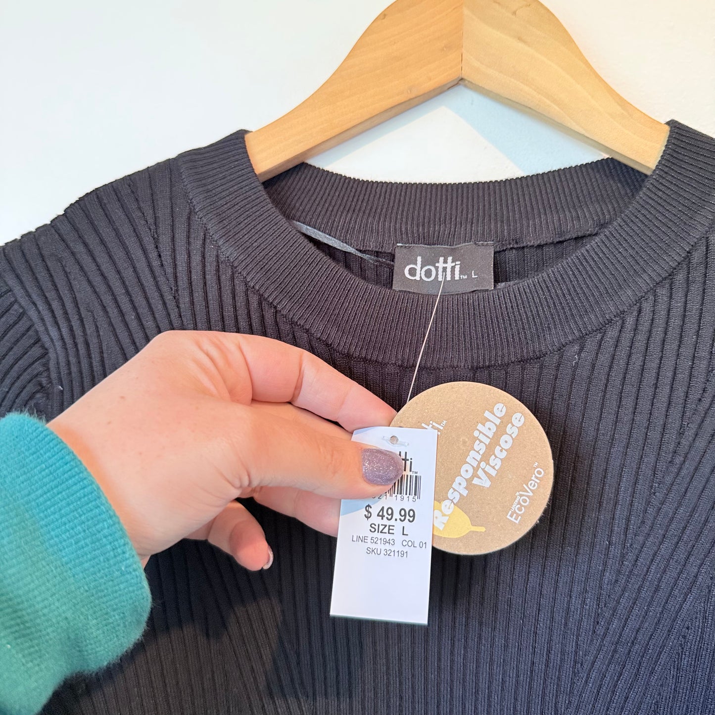 Dotti Ribbed Viscose Knit Long Sleeve Top Black