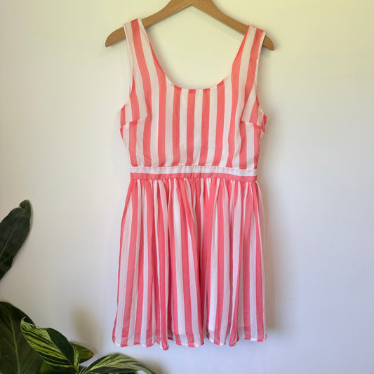 Pagani Striped Fit & Flare Dress Pink & White - Size 12