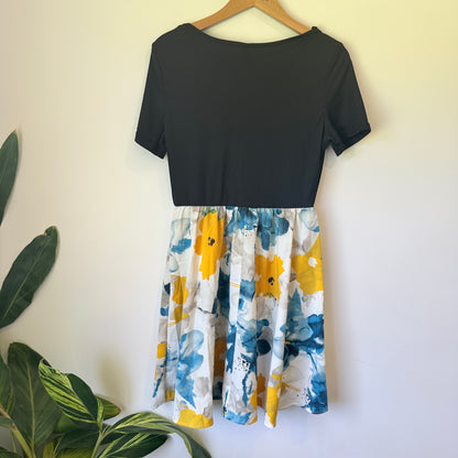 Shein Ribbed & Floral Fit & Flare Dress Black Multi - Size M