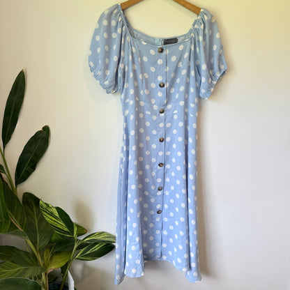 Mirrou Polka Dot Puff Sleeve Midi Dress Blue & White - 43cm U/Arm
