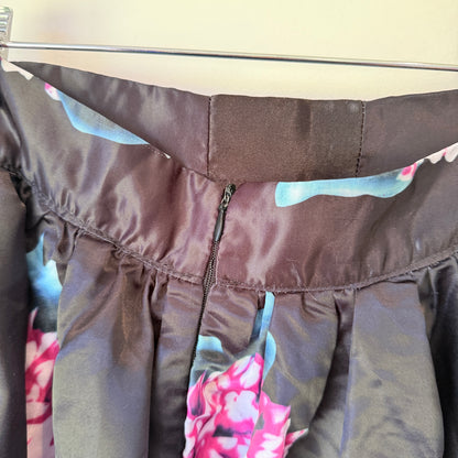 Mags Floral Satin Look Skirt Black & Pink - Size M