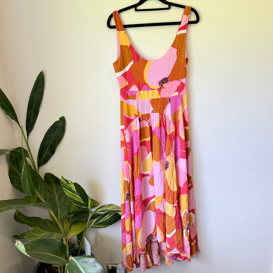 Mister Zimi Pink & Orange Floral Sleeveless Midi Dress - Size 8