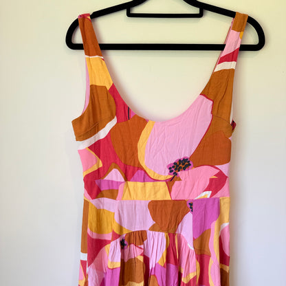 Mister Zimi Pink & Orange Floral Sleeveless Midi Dress - Size 8