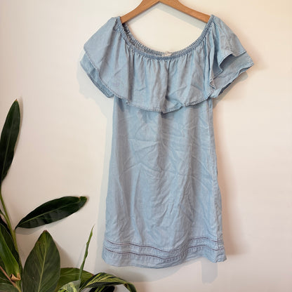 Just Jeans Size 8 Denim Ruffle Off-the-Shoulder Mini Dress