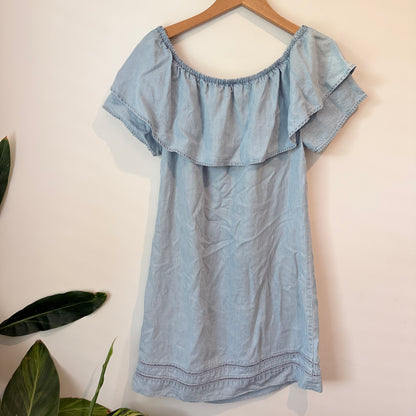 Just Jeans Size 8 Denim Ruffle Off-the-Shoulder Mini Dress
