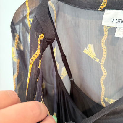 Euroedit Size 46 Black Sheer Embroidered Blouse