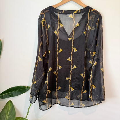Euroedit Size 46 Black Sheer Embroidered Blouse