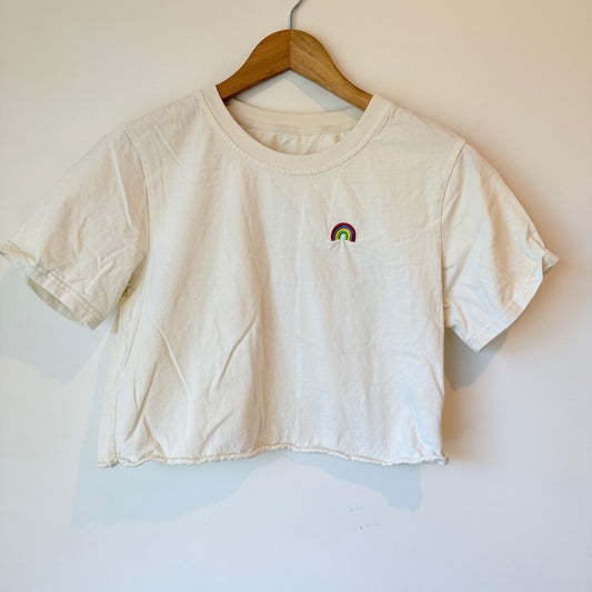 Mushroom Rainbow White Crop Tee Size S