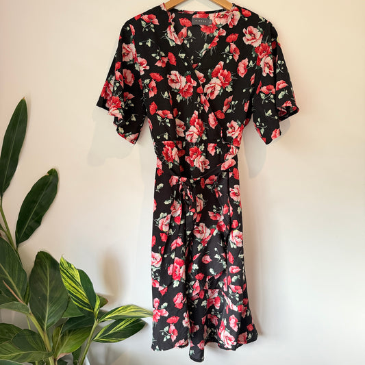 Mirrou Size 10 Black Floral Imitation Wrap Dress