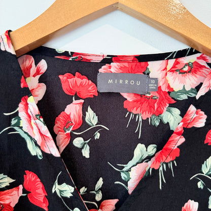 Mirrou Size 10 Black Floral Imitation Wrap Dress