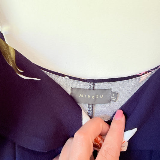 Mirrou Size L Blue Floral Print Midi Dress