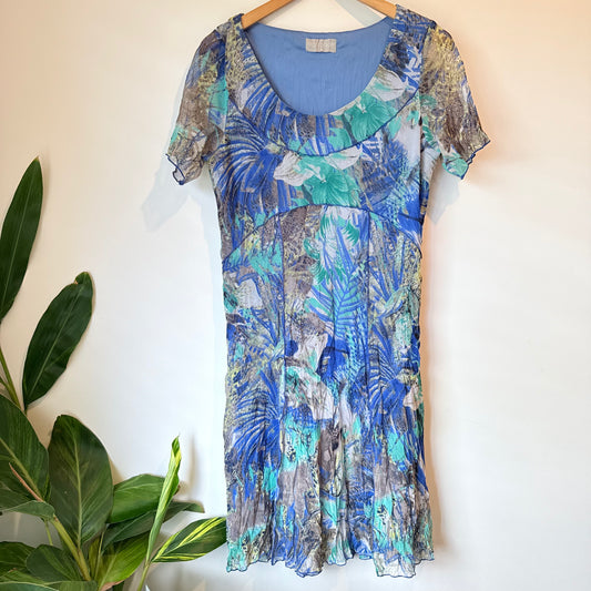 Frontpage Size 14 Blue & Green Tropical Leaf Print Dress
