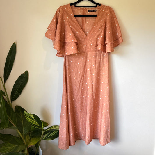 Boohoo Size 10 Peach Polka Dot Midi Dress