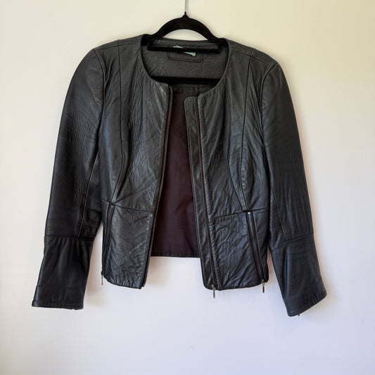 Kookai Size 38 Black Scoop-Neck Leather Jacket