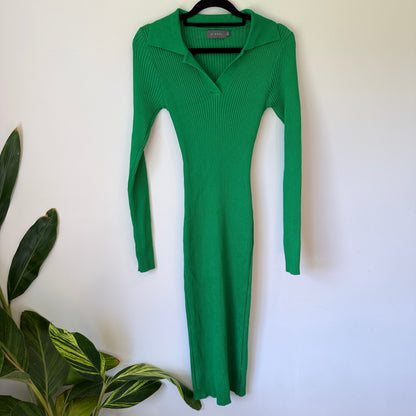 Mirrou Ribbed Knit Collared Midi Dress Green - Size S