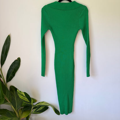 Mirrou Ribbed Knit Collared Midi Dress Green - Size S